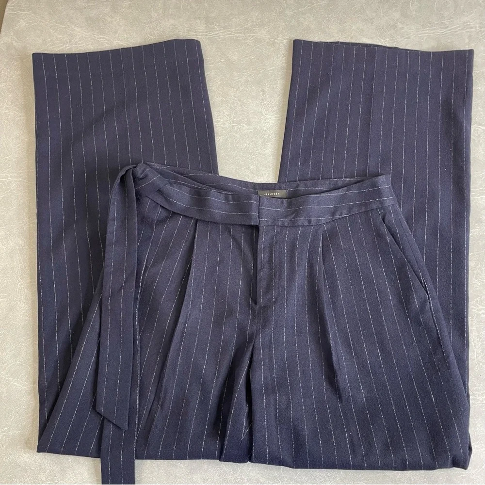 Halogen Navy Pinstriped Wide Leg Trousers with Attached Belt
